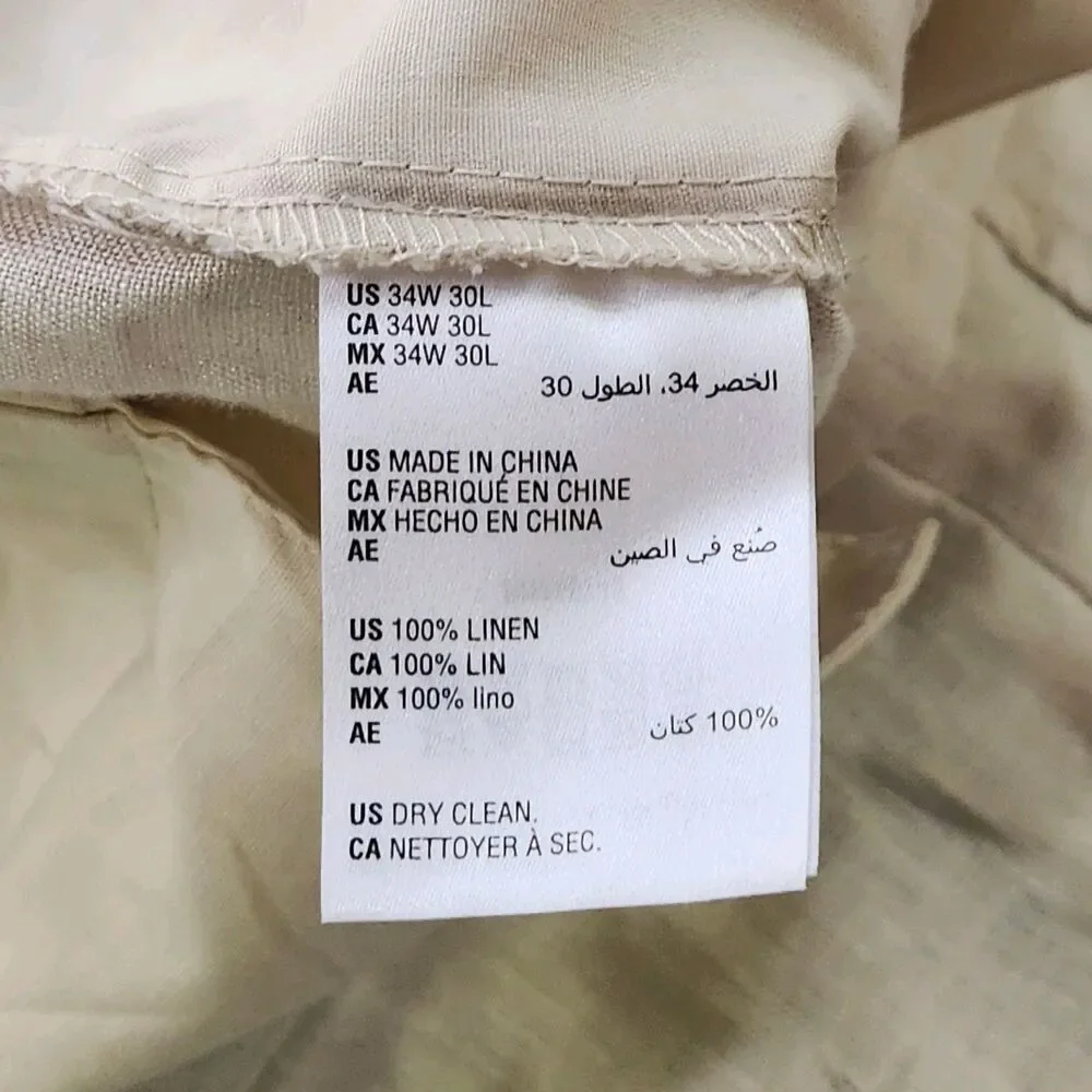 Tasso Elba 100% Linen Pants Mens Size 34x30 Beige Tan Straight Flat Casual Beach